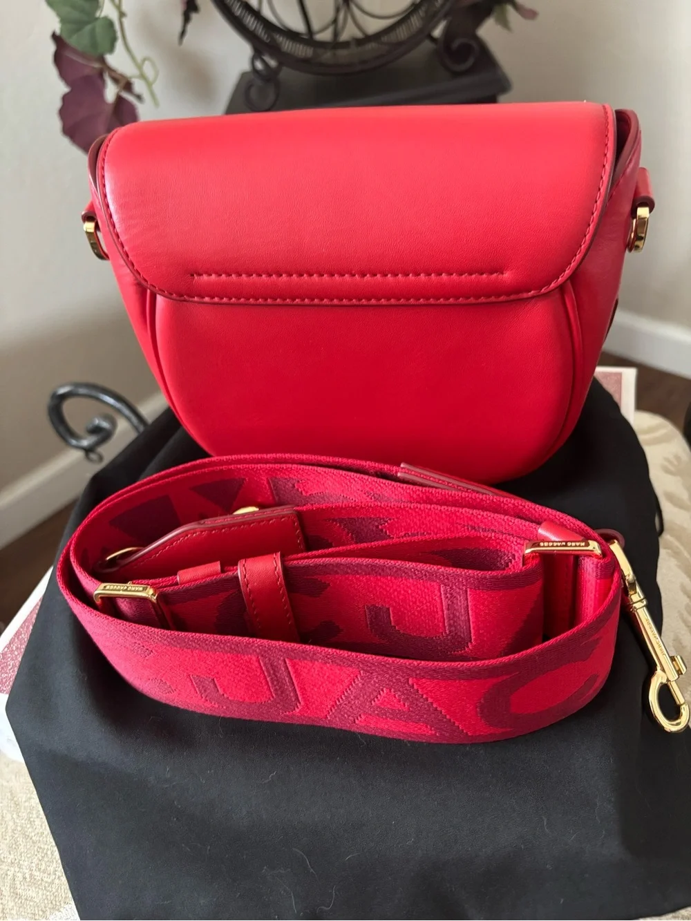 Marc Jacobs Bright Red Crossbody Saddle Bag with Logo Strap
